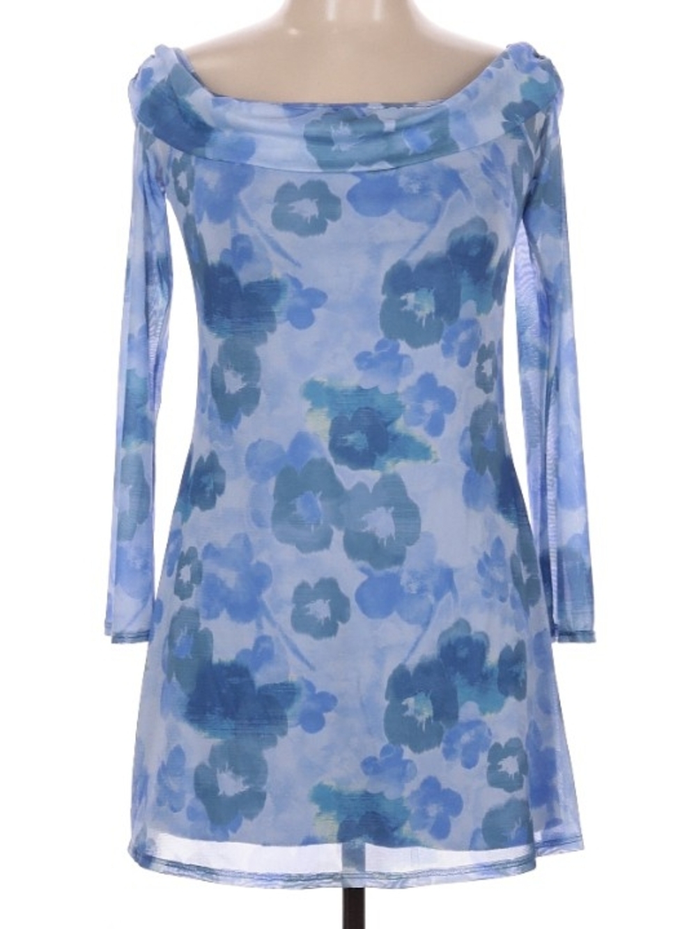 See You Monday Light Blue Floral Off-Shoulder Long Sleeve Dress